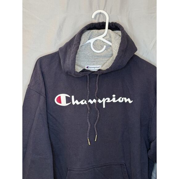 Champion Sweatshirt Mens L Navy Blue Hoodie Spellout Chest C Logo Sweater Hood - Picture 3 of 9